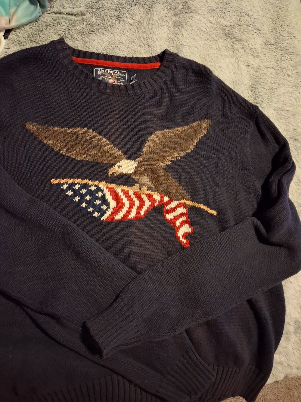 American Eagle Outfitters Navy Crewneck Sweater with Eagle & Red, White Accents